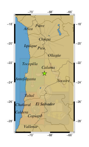 Sismo a 44 km al SO de San Pedro de Atacama