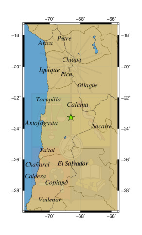 Sismo a 60 km al SO de San Pedro de Atacama